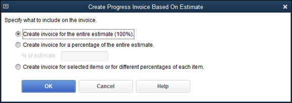 Snapshot of the Create Progress Invoice Based on Estimate dialog box.