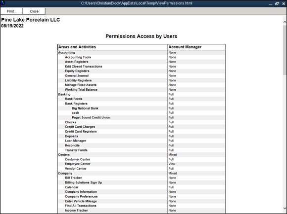 Snapshot of View Permissions window.