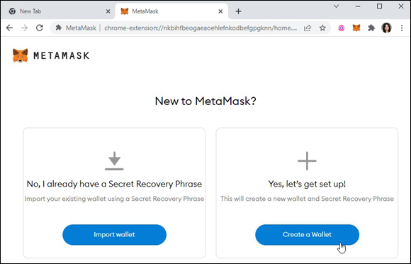 Snapshot of creating a new MetaMask wallet.