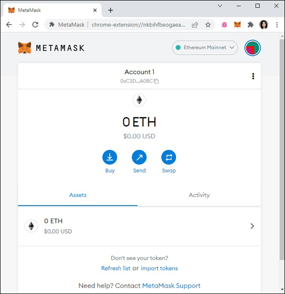 Snapshot of a newly initiated MetaMask wallet.