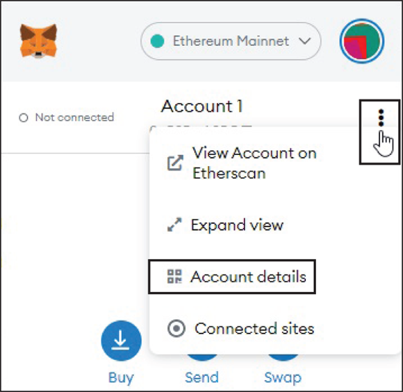 Snapshot of navigating account options on MetaMask.