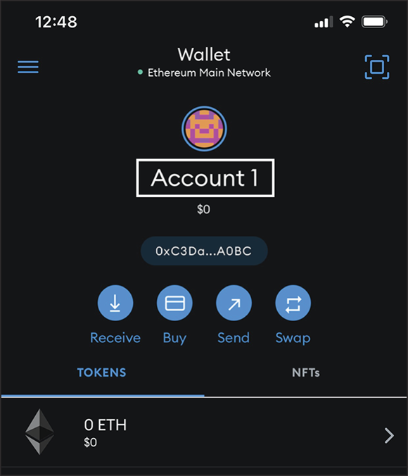 Snapshot of MetaMask on the mobile device.