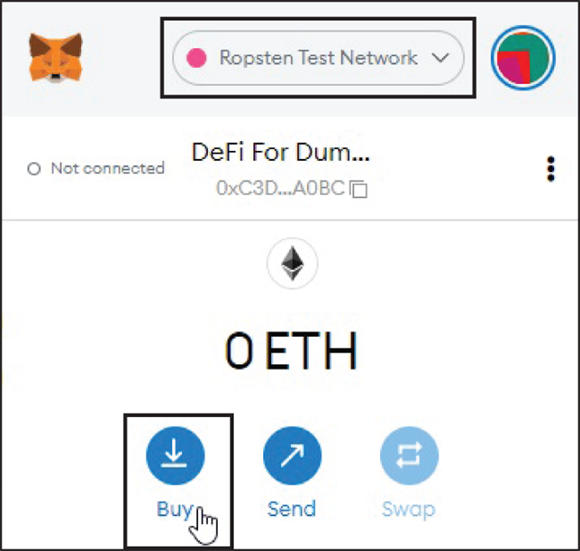 Snapshot of the MetaMask main window, now under the Ropsten test network.