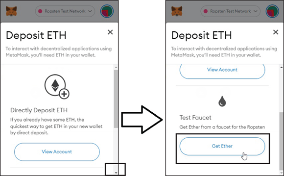 Snapshot of the deposit ETH scroll-down menu under the Ropsten test network.