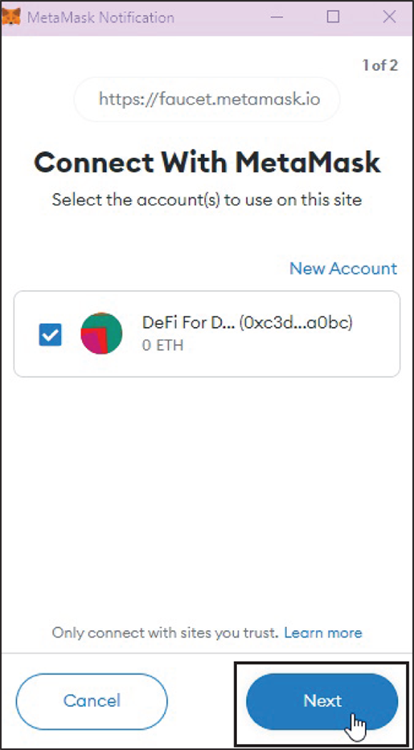 Snapshot of connecting an account to a site with MetaMask.