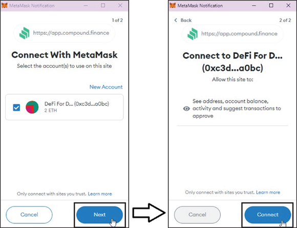 Snapshot of connecting to Compound with MetaMask.