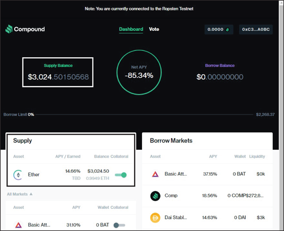 Snapshot of the updated Compound dashboard with lending supply.