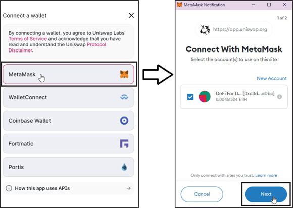 Snapshot of connecting Uniswap with MetaMask.