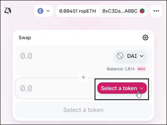 Snapshot of selecting a target token on Uniswap.