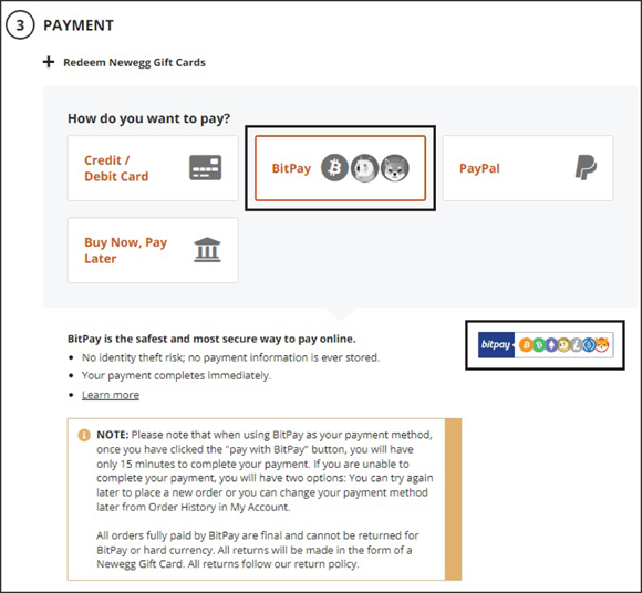 Snapshot of using crypto to purchase hardware on Newegg.com.