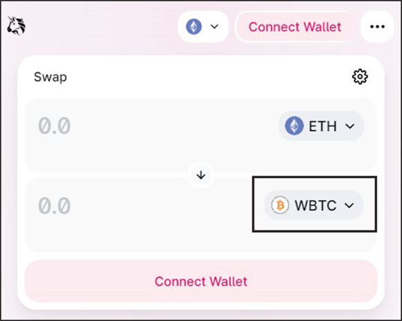 Snapshot of Trading Wrapped Bitcoin (WBTC) on Uniswap, a liquidity protocol on Ethereum.