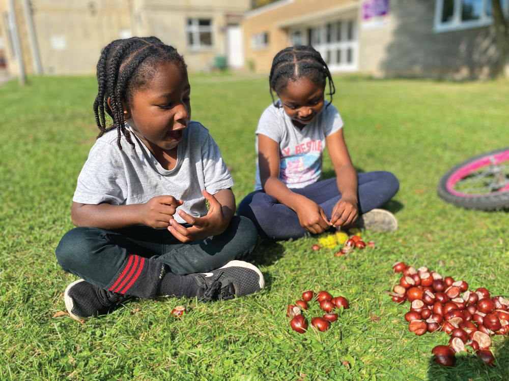 Photo depicts children counting and grouping horse chestnuts.