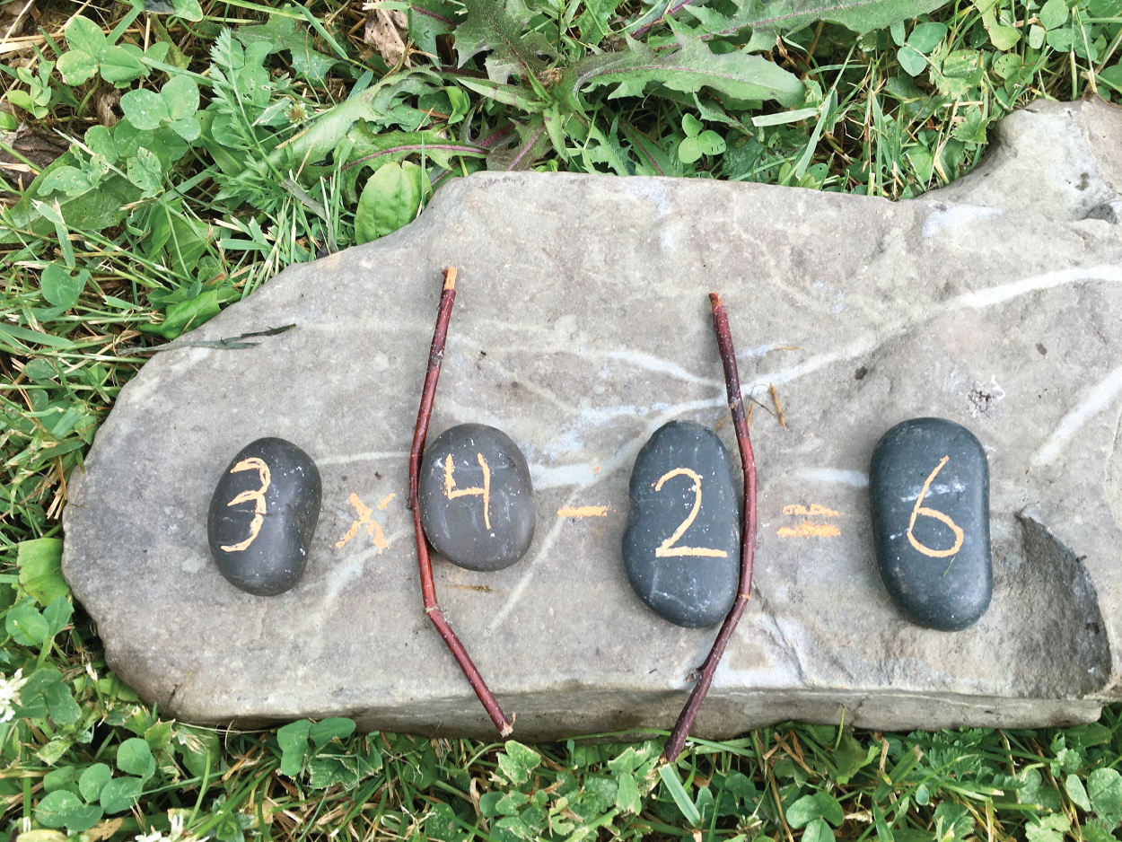 Photo depicts using number rocks to practice order of operation problem – sticks are used as parentheses.