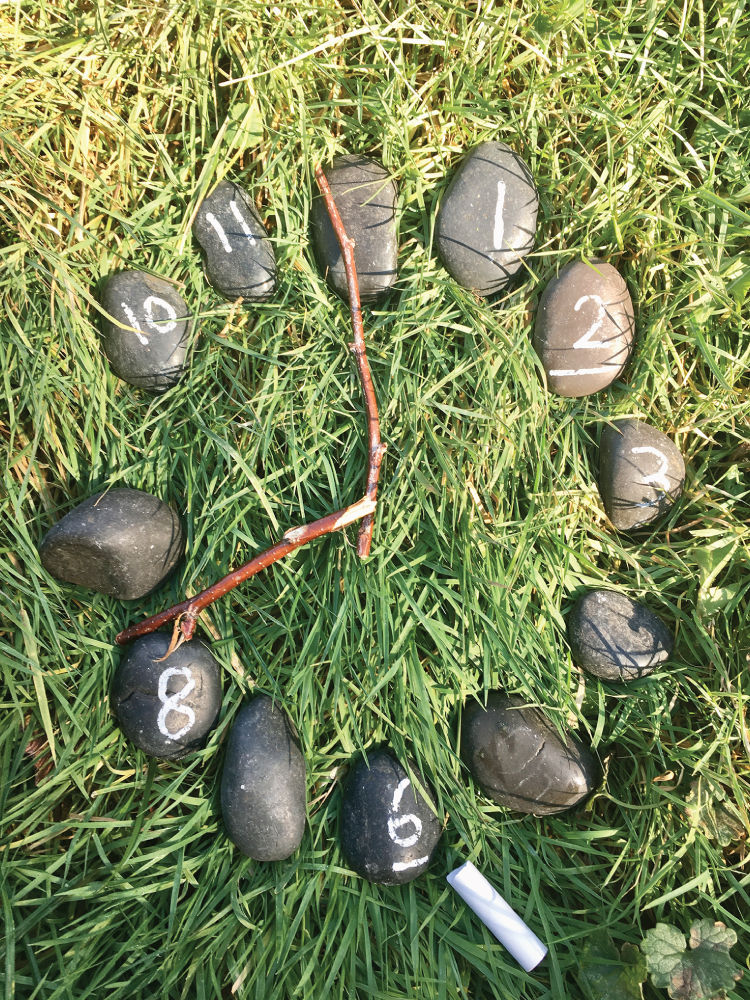 Photo depicts using number rocks to create a clock and practice telling time.