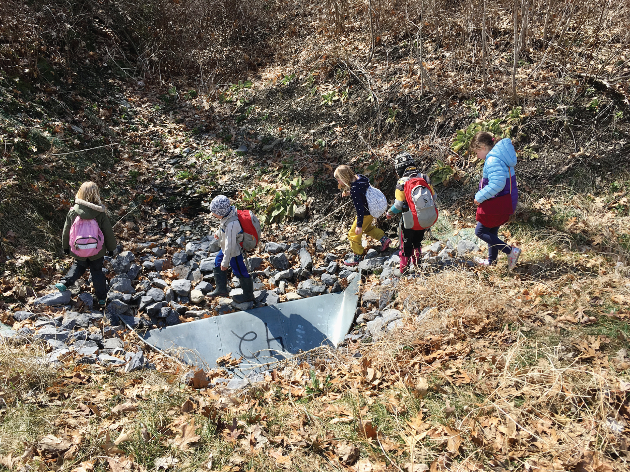 Photo depicts students exploring the area near their school.