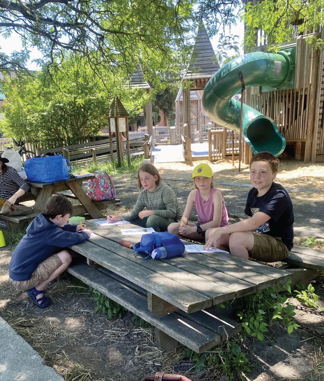 Photo depicts students writing at a picnic table.