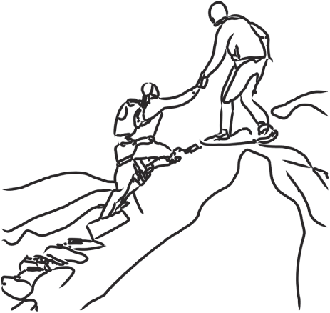 An illustration of two persons climbing into the mountain.