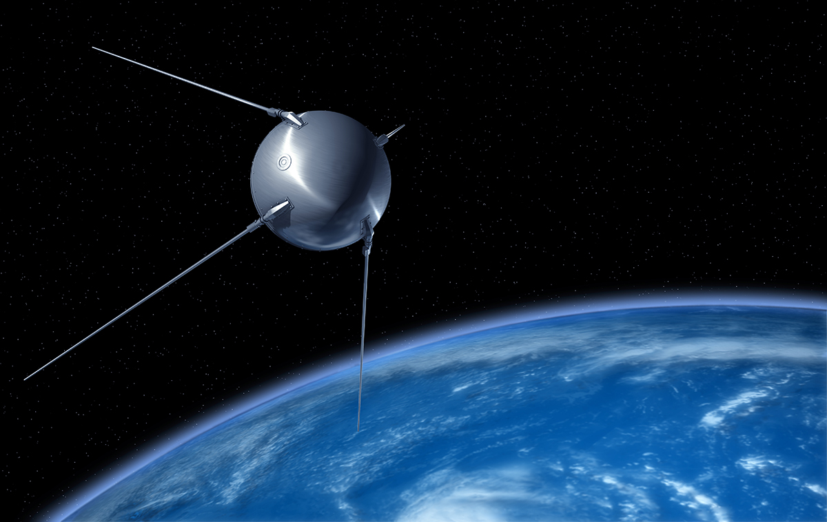 A photograph shows the U S S R’s Sputnik satellite high above the Earth.