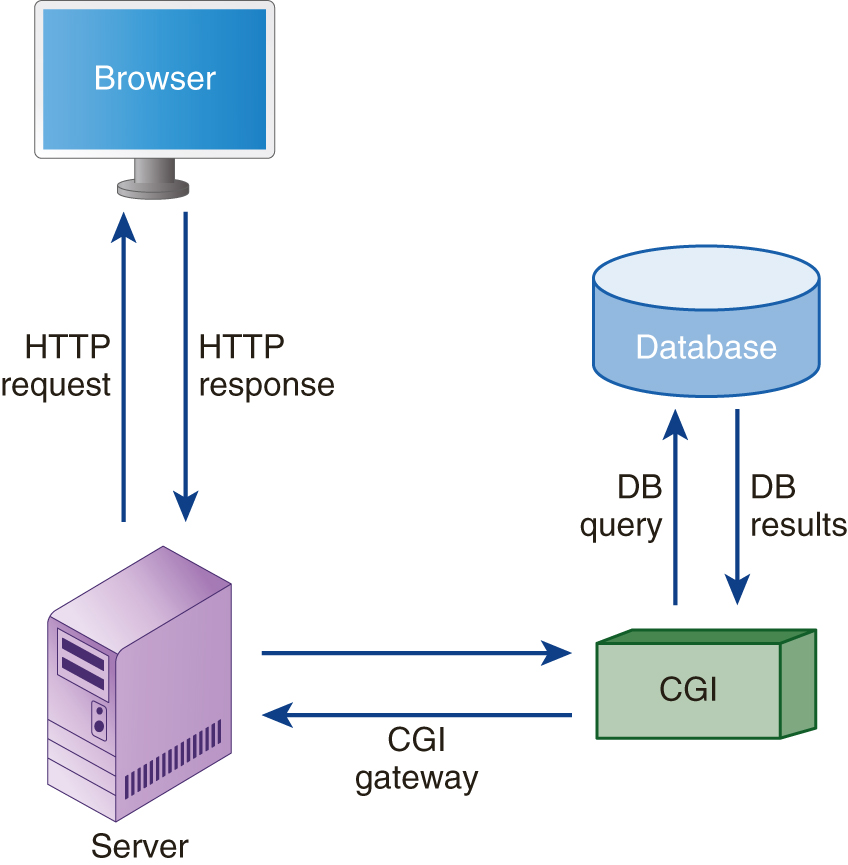 A flow diagram involves browser, server, C G I, and database.
