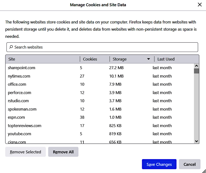 A screenshot shows Manage Cookies and Site Data dialog box.