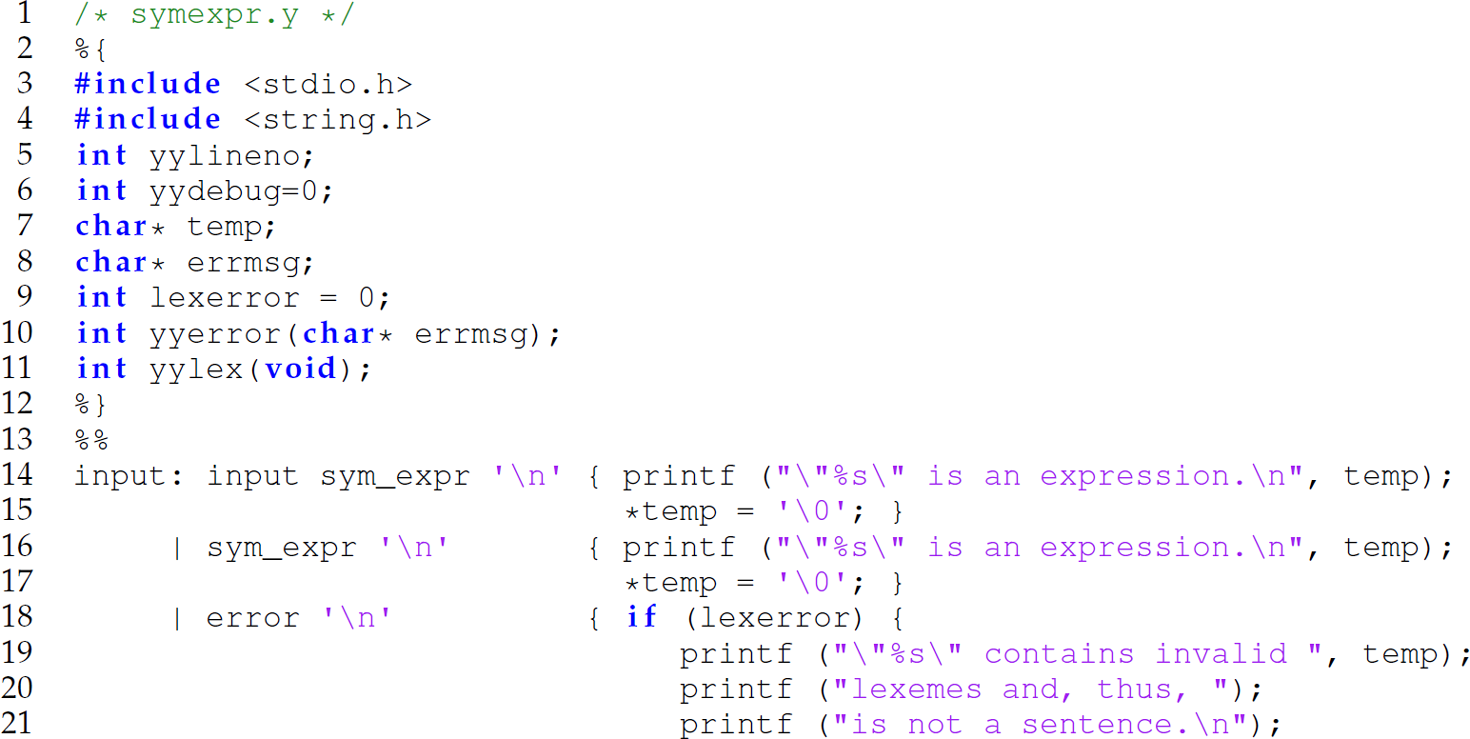 A set of 21 code lines for producing pattern-action rules for the relevant lexemes.