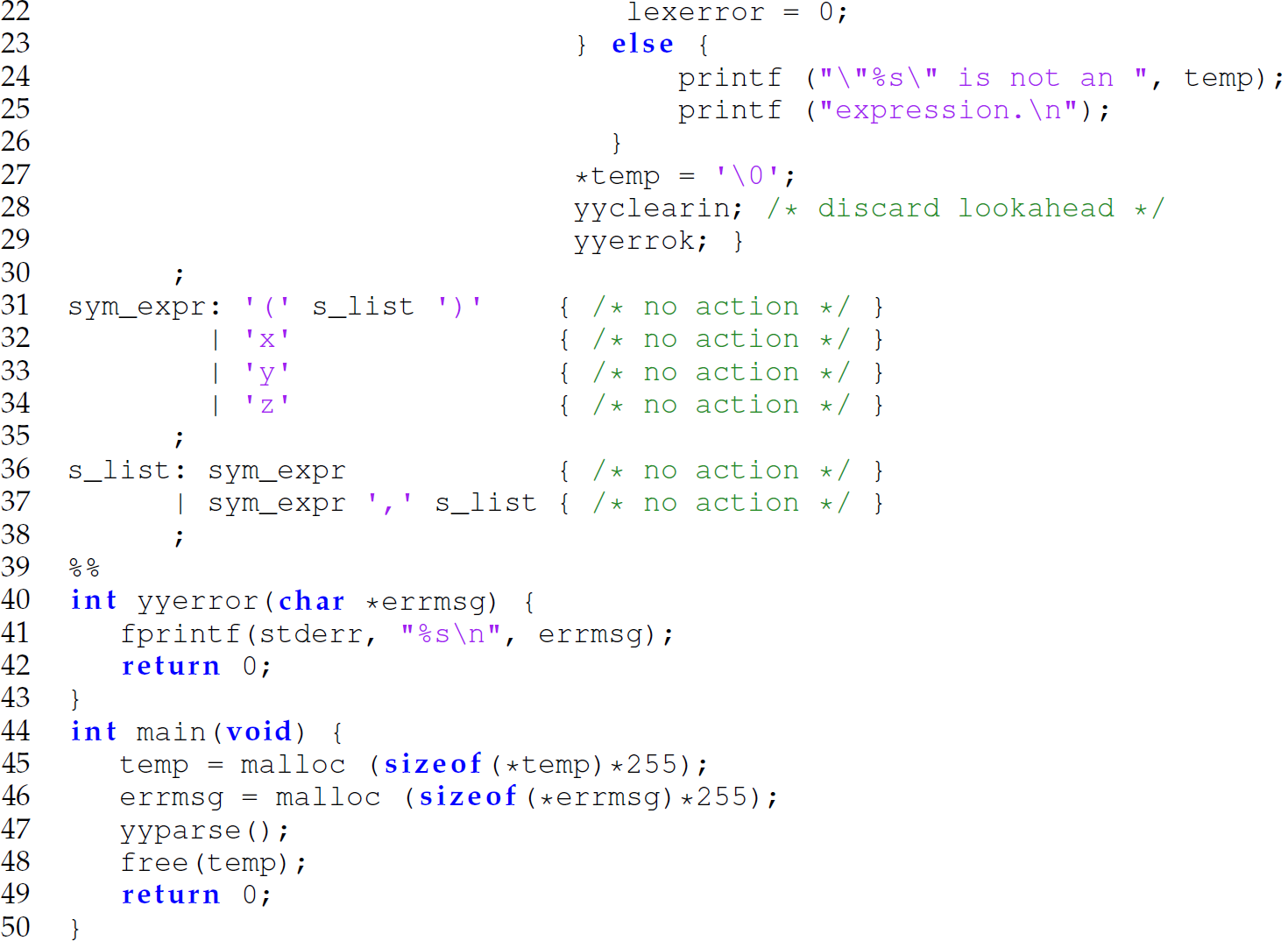 Continuation of the code for producing pattern-action rules for the relevant lexemes, consisting of 29 lines.