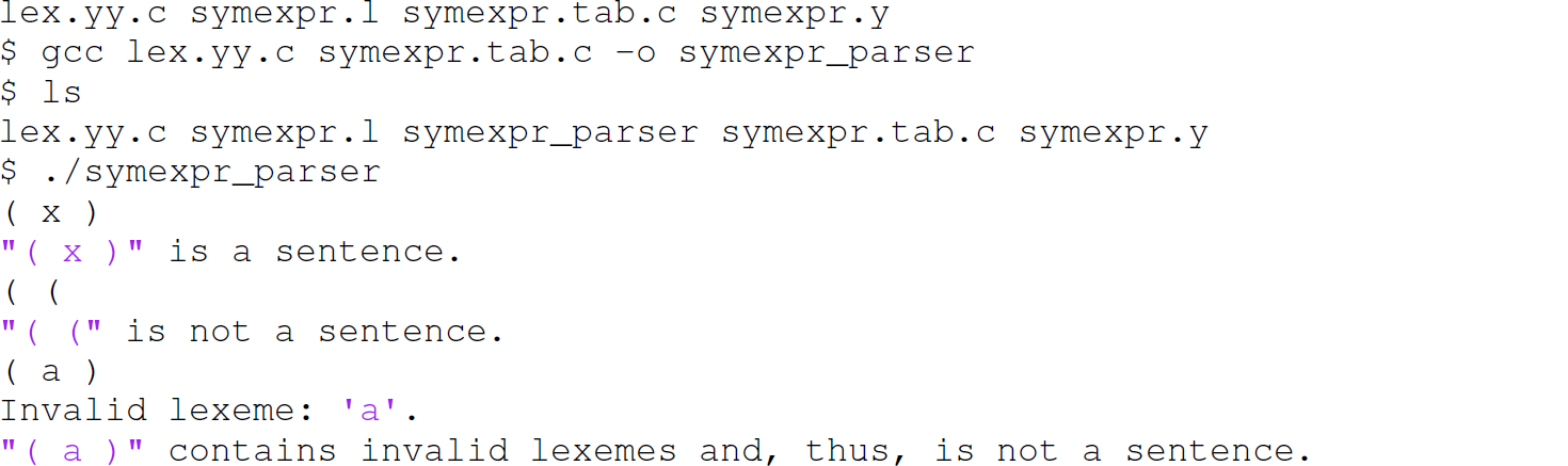 Continuation of the code of scanner and parser specification files that are compiled into an executable parser, consisting of 12 lines.