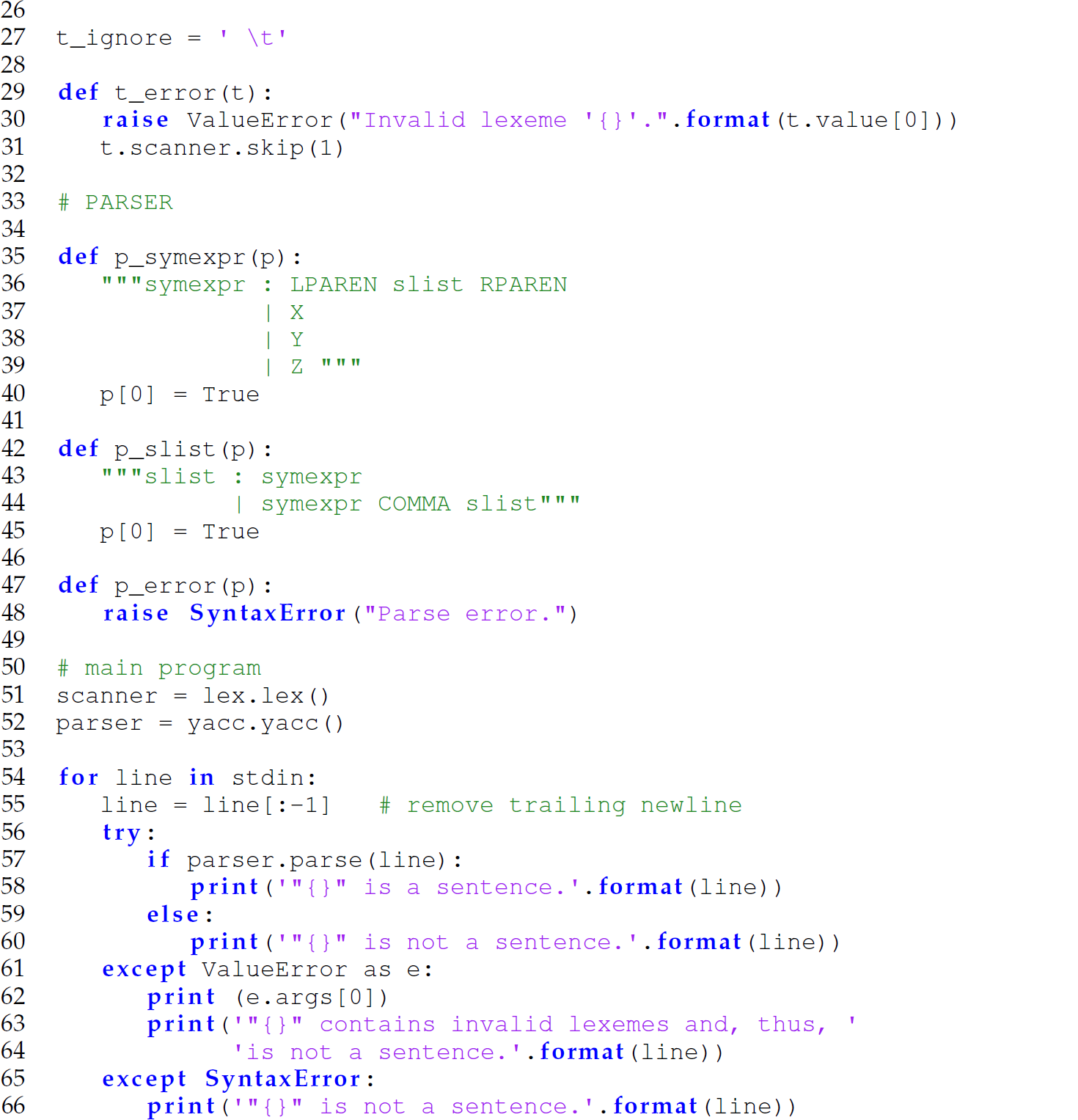 Continuation of the code for generating a parser for the symbolic expression language, consisting of 41 lines.