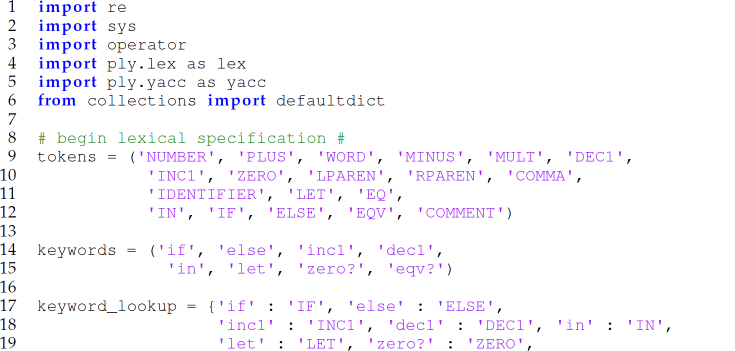 A set of 20 code lines in the Camille language for tokens with a P L Y scanner specification.