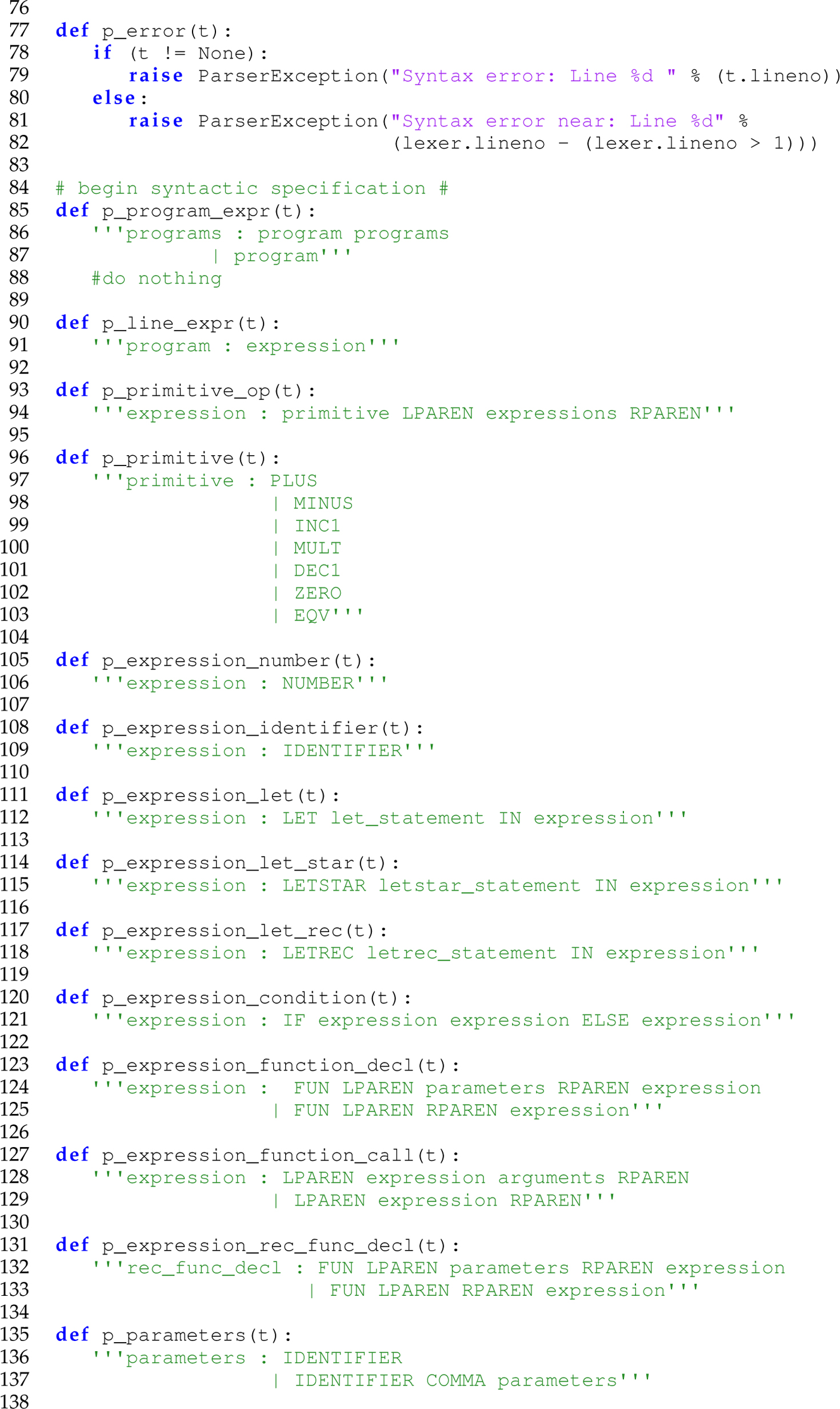 Continuation of the code in the Camille language for tokens with a P L Y parser specification, consisting of 63 lines.