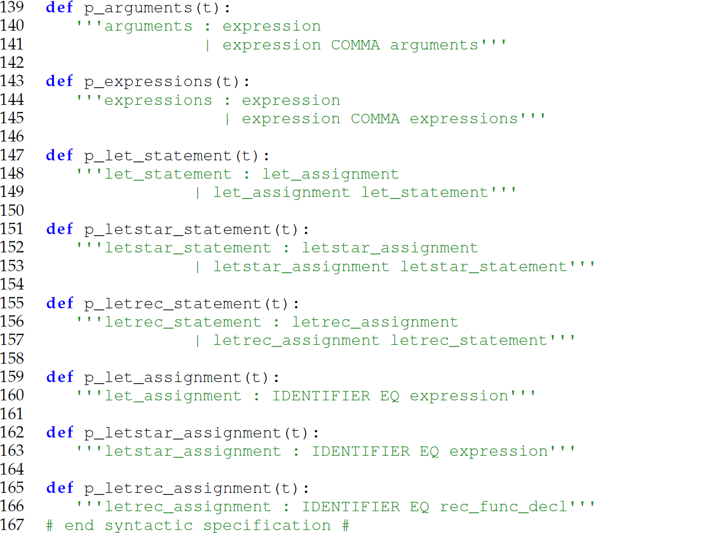 Continuation of the code in the Camille language for tokens with a P L Y parser specification, consisting of 27 lines.