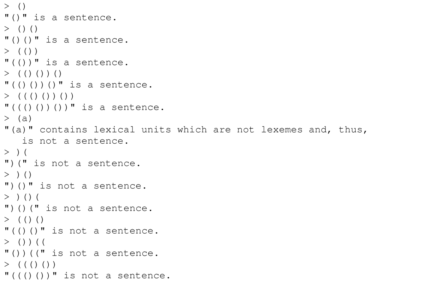 A set of 24 code lines for a sample interactive session with a parser.