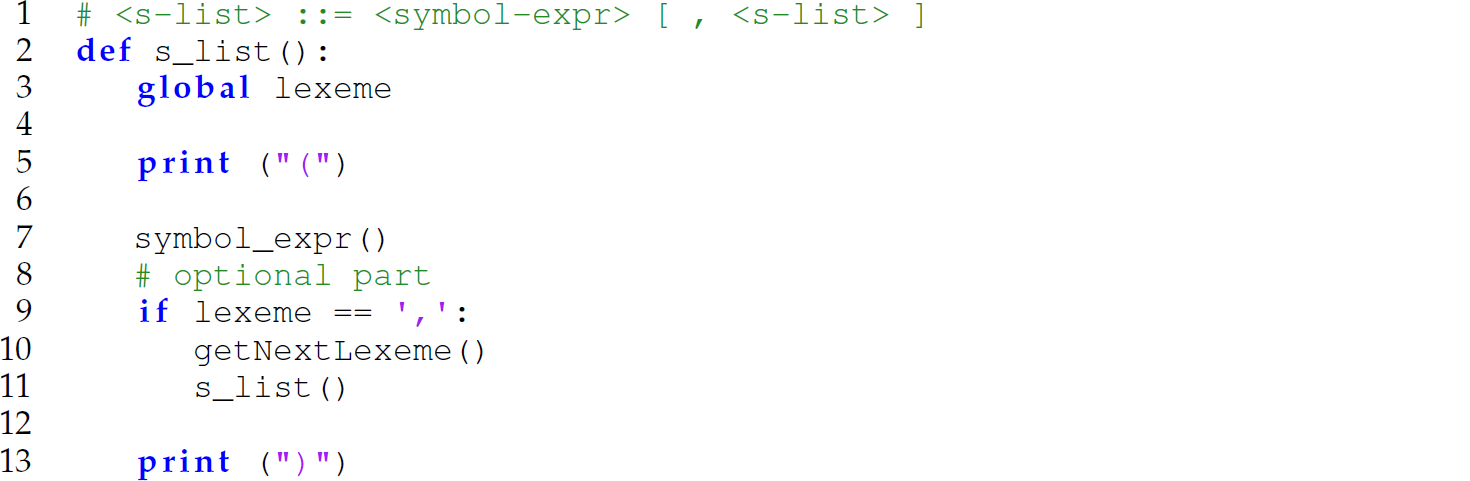 A set of 13 code lines in Python for implementing a recursive-descent parser to construct a diagrammed sentence.