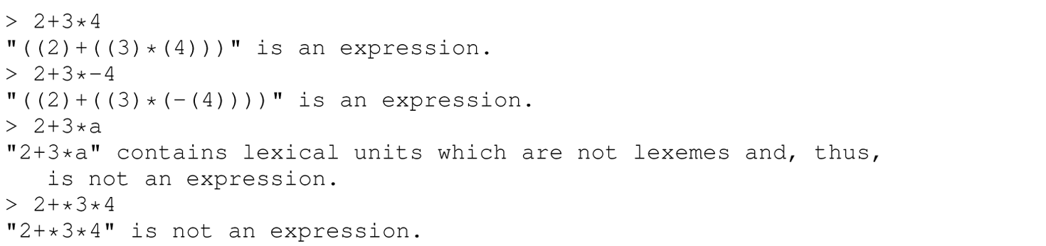 A set of eight code lines for a sample interactive session with a parser diagrammer.