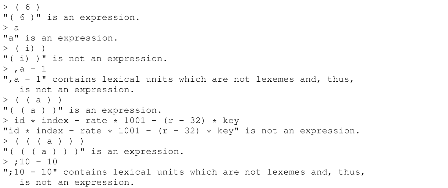 A set of 16 code lines for a sample interactive session with a parser.