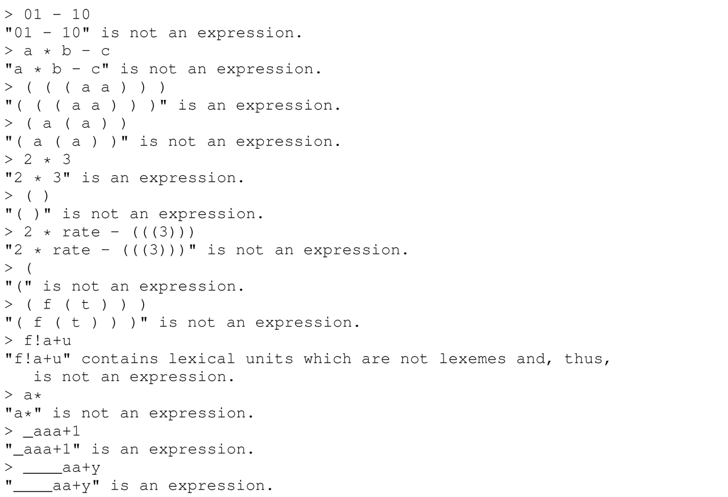 Continuation of the code for a sample interactive session with a parser, consisting of 26 lines.