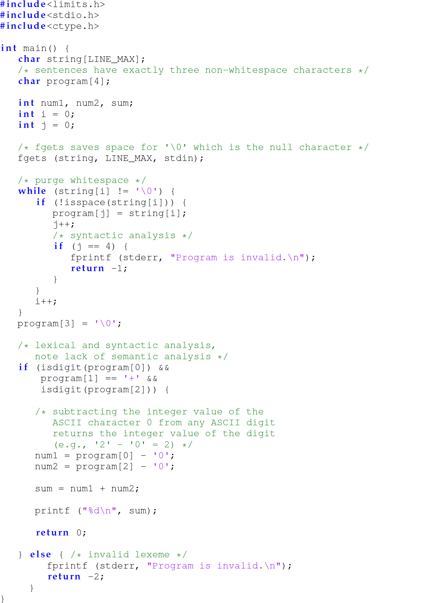 A set of code lines for an interpreter written in C.