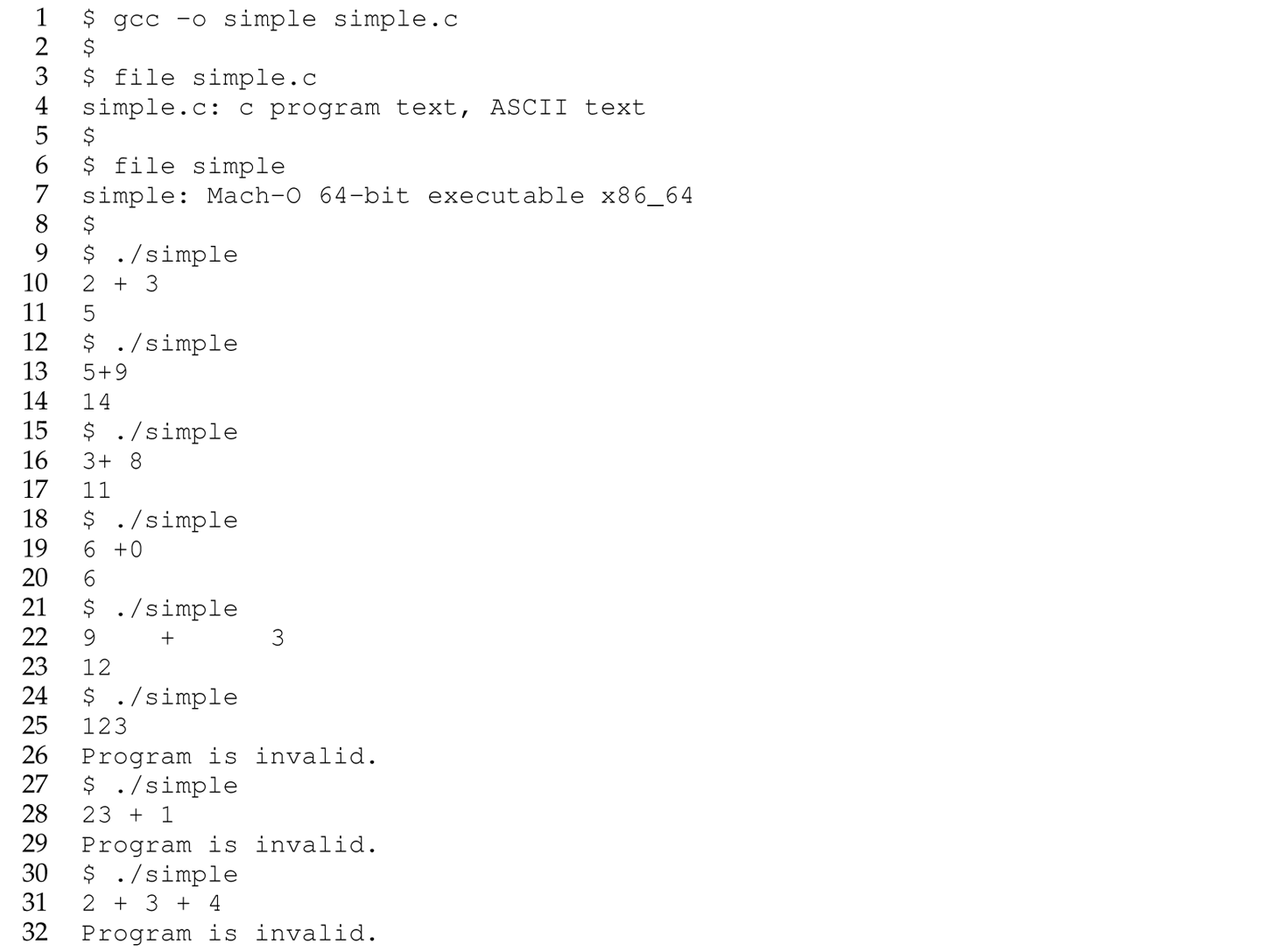 A set of 32 code lines for an interpreter.