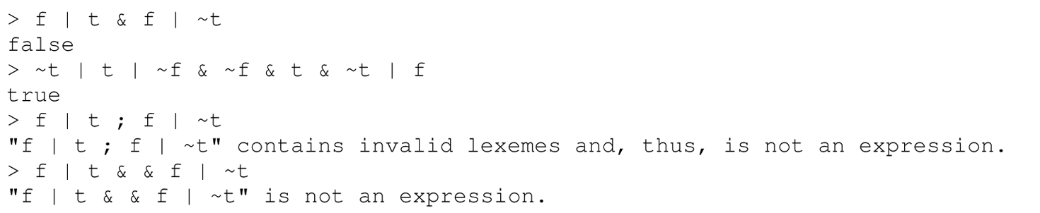 A set of eight code lines of a sample interactive session with a pure interpreter.