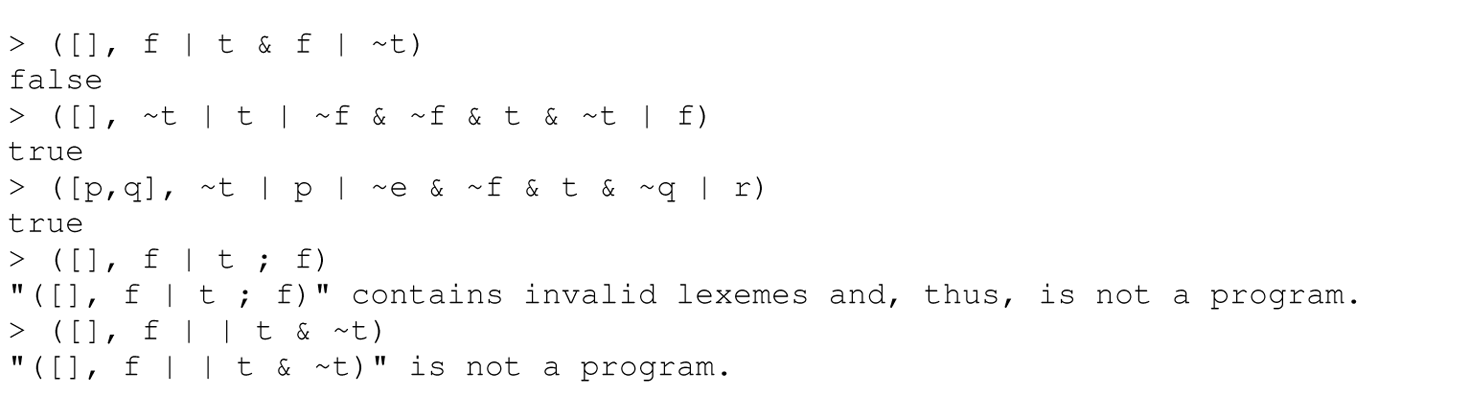 A set of 10 code lines for a sample interactive session with a pure interpreter.