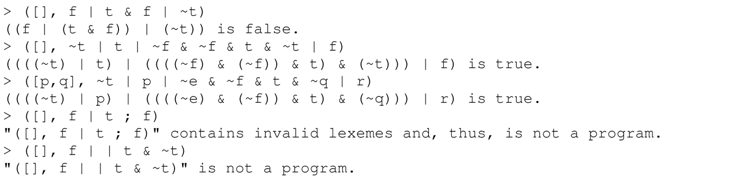 A set of 10 code lines for a sample interactive session with a parentheses-for-operator-precedence interpreter.