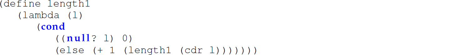 A set of five code lines in Scheme with the function length 1.