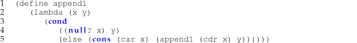 A set of five code lines in Scheme with the function append.