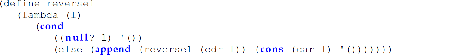 A set of five code lines in Scheme with the reverse 1 function.