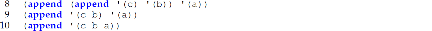 Continuation of the code in Scheme with append and reverse 1 functions, consisting of three lines.