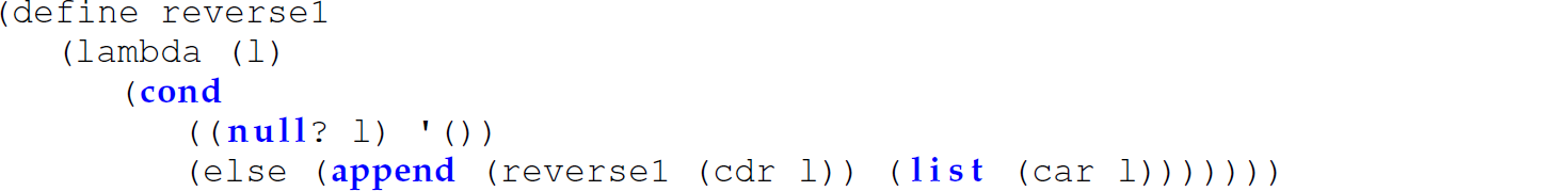 A set of five code lines in Scheme with the expression, left parenthesis, list, left parenthesis, car 1, right parenthesis, right parenthesis.