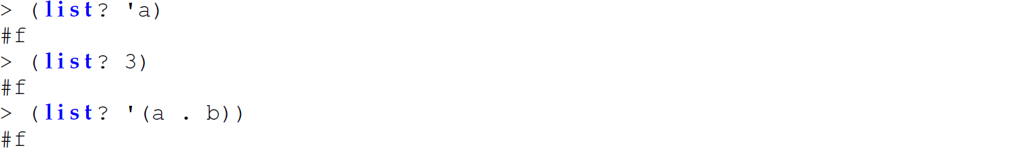 Continuation of the code in Scheme with list question mark function consisting of six lines.