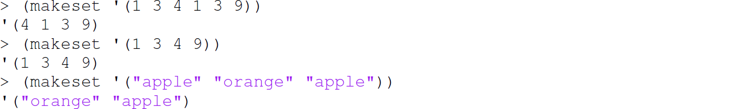 A set of six code lines in Scheme with the make set function.