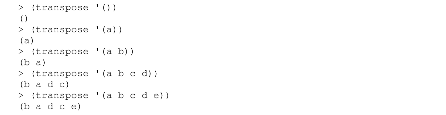 A set of 10 code lines in Scheme with the transpose function.