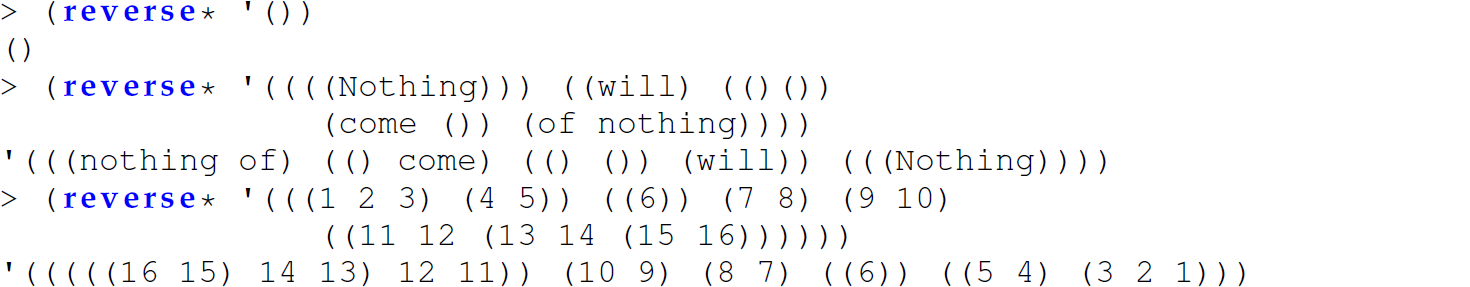 A set of six code lines in Scheme with the reverse asterisk function.